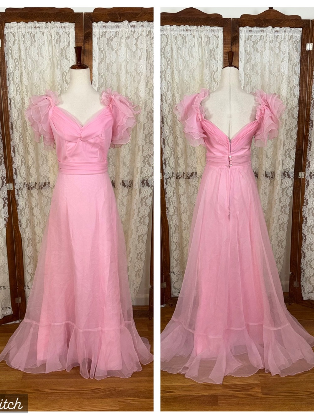 Pretty Vintage 1970s Pink Ruffle Union Made Prom/Bridesmaid Gown